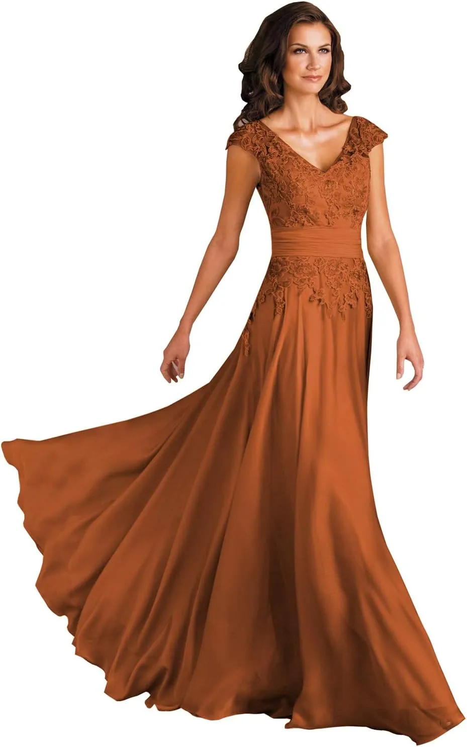Women's V Neck Mother of The Bride Dresses for Wedding Long Lace A-Line Cap Sleeves Formal Gown with Pockets