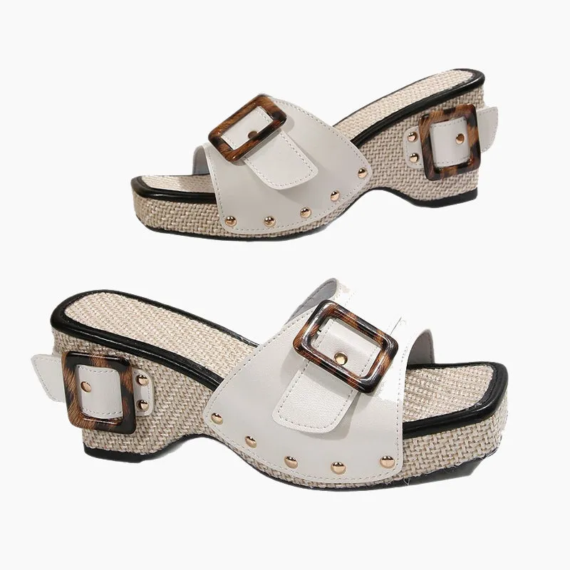 Womens Wedge Slide Sandals with Studded Strap
