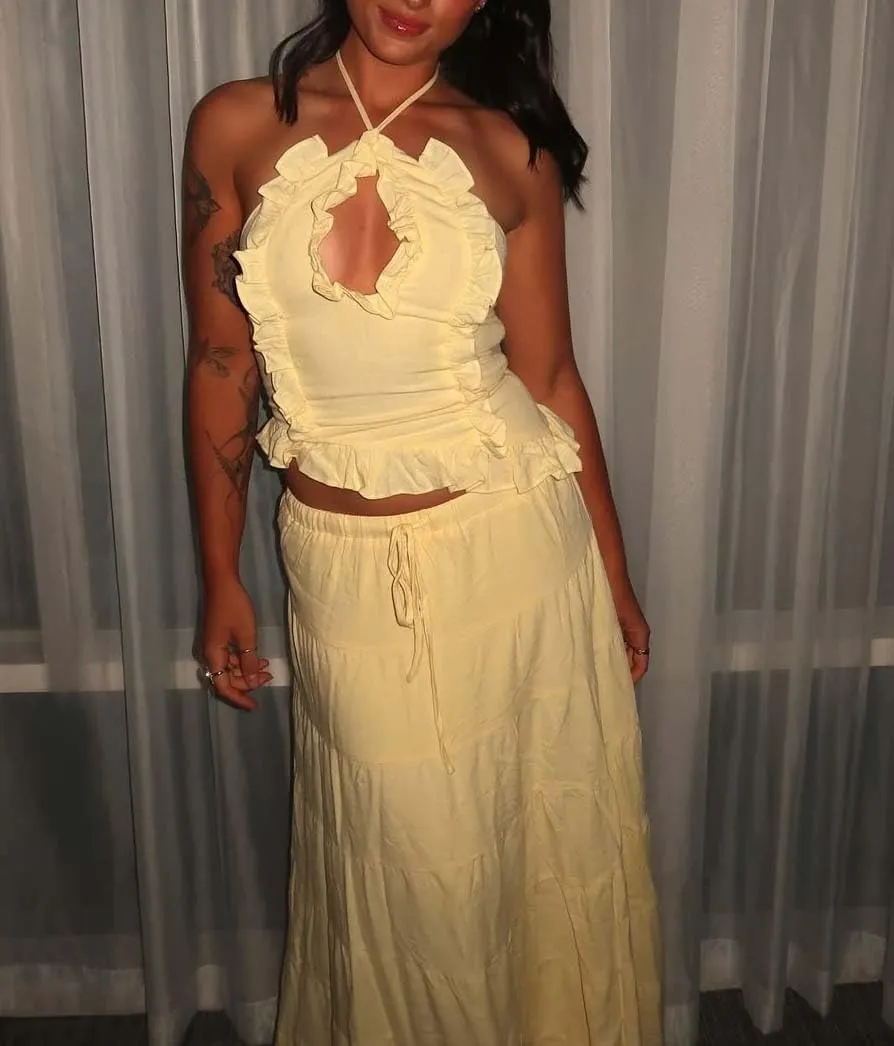 Y2k Ruffle Long Skirt Sets for Women 2 Piece Outfits Summer Ruched Backless Cami Top Matching Boho Maxi Skirt Set