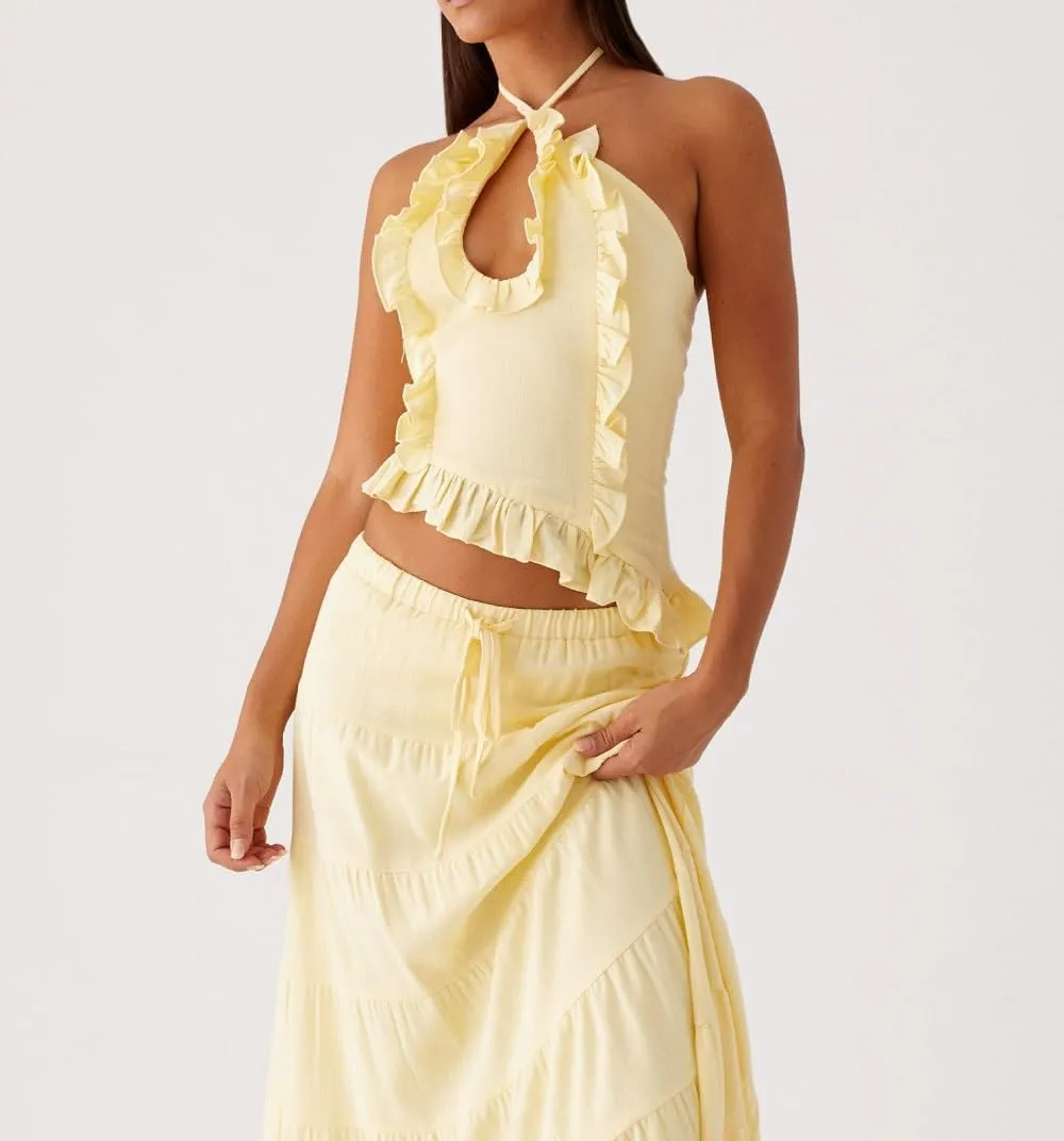 Y2k Ruffle Long Skirt Sets for Women 2 Piece Outfits Summer Ruched Backless Cami Top Matching Boho Maxi Skirt Set