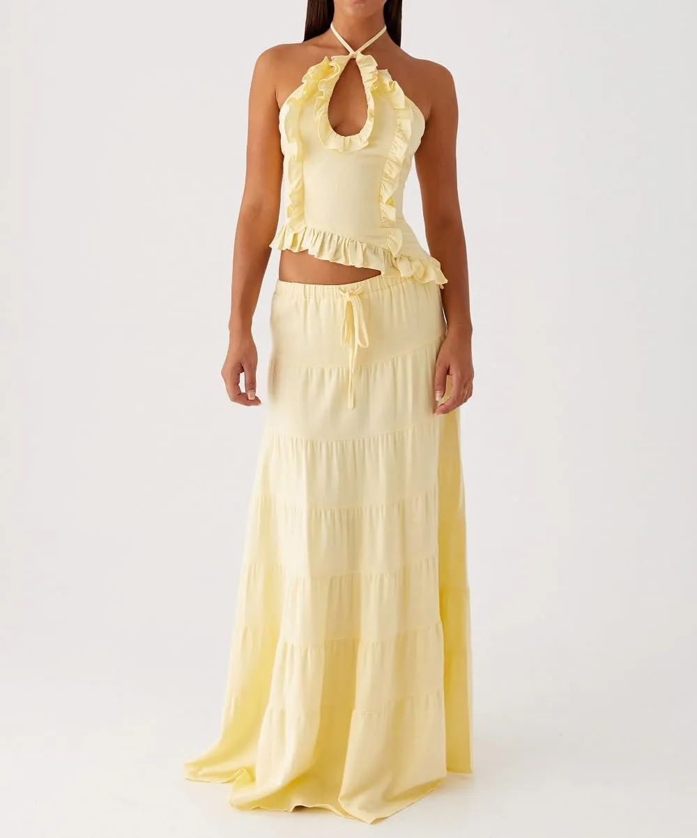 Y2k Ruffle Long Skirt Sets for Women 2 Piece Outfits Summer Ruched Backless Cami Top Matching Boho Maxi Skirt Set