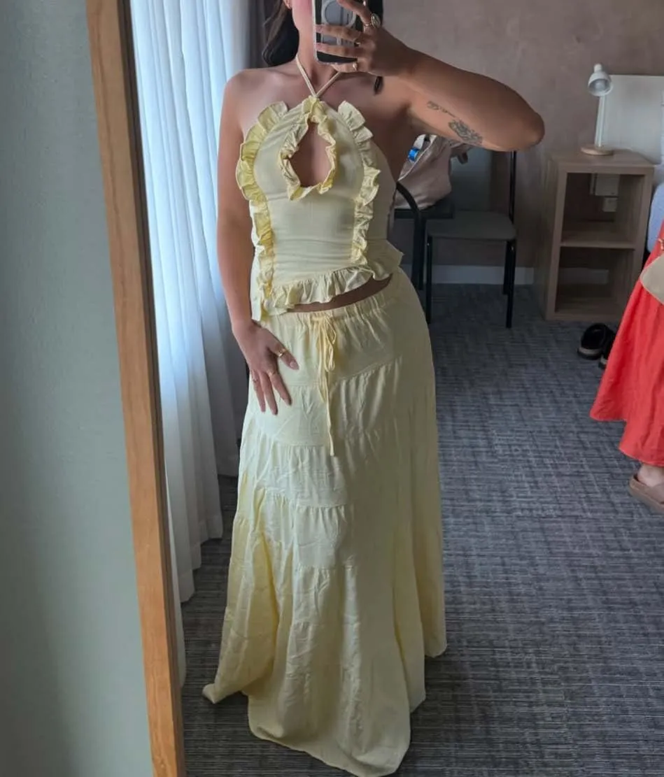 Y2k Ruffle Long Skirt Sets for Women 2 Piece Outfits Summer Ruched Backless Cami Top Matching Boho Maxi Skirt Set