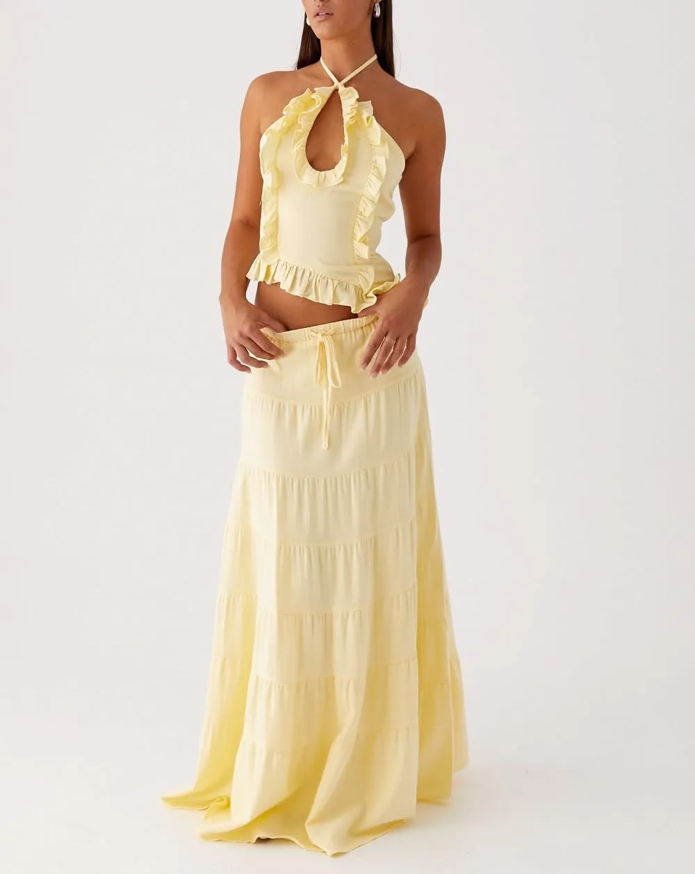 Y2k Ruffle Long Skirt Sets for Women 2 Piece Outfits Summer Ruched Backless Cami Top Matching Boho Maxi Skirt Set