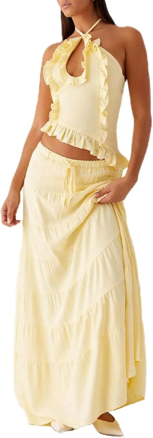 Y2k Ruffle Long Skirt Sets for Women 2 Piece Outfits Summer Ruched Backless Cami Top Matching Boho Maxi Skirt Set