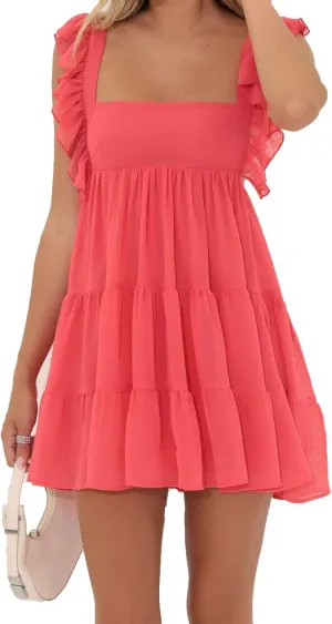 Yoawdats Women's Ruffle Straps Mini Dress Sleeveless Open Back Square Neck Solid Color Flowy Dresses Y2k Babydoll Sundress