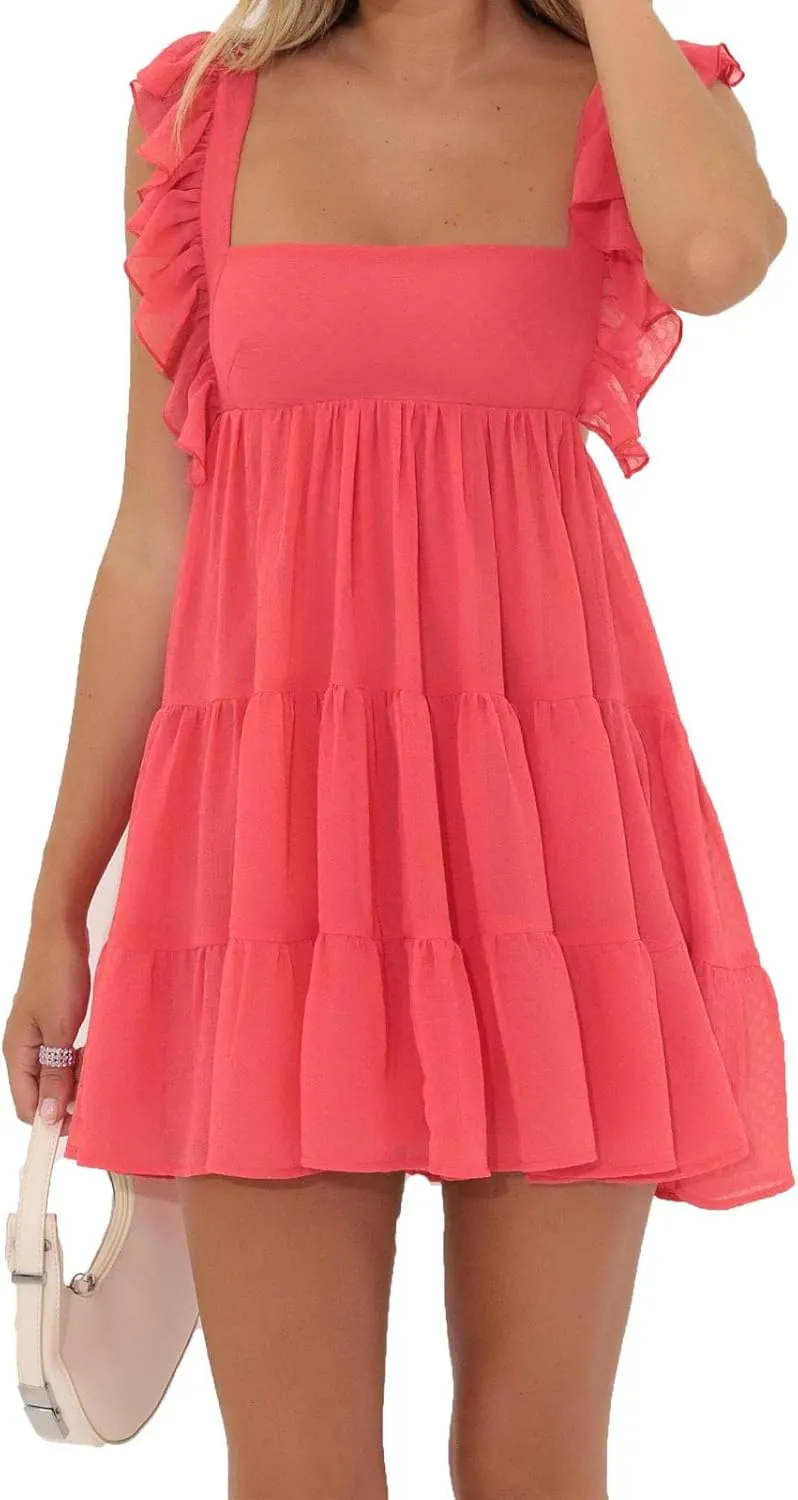 Yoawdats Women's Ruffle Straps Mini Dress Sleeveless Open Back Square Neck Solid Color Flowy Dresses Y2k Babydoll Sundress