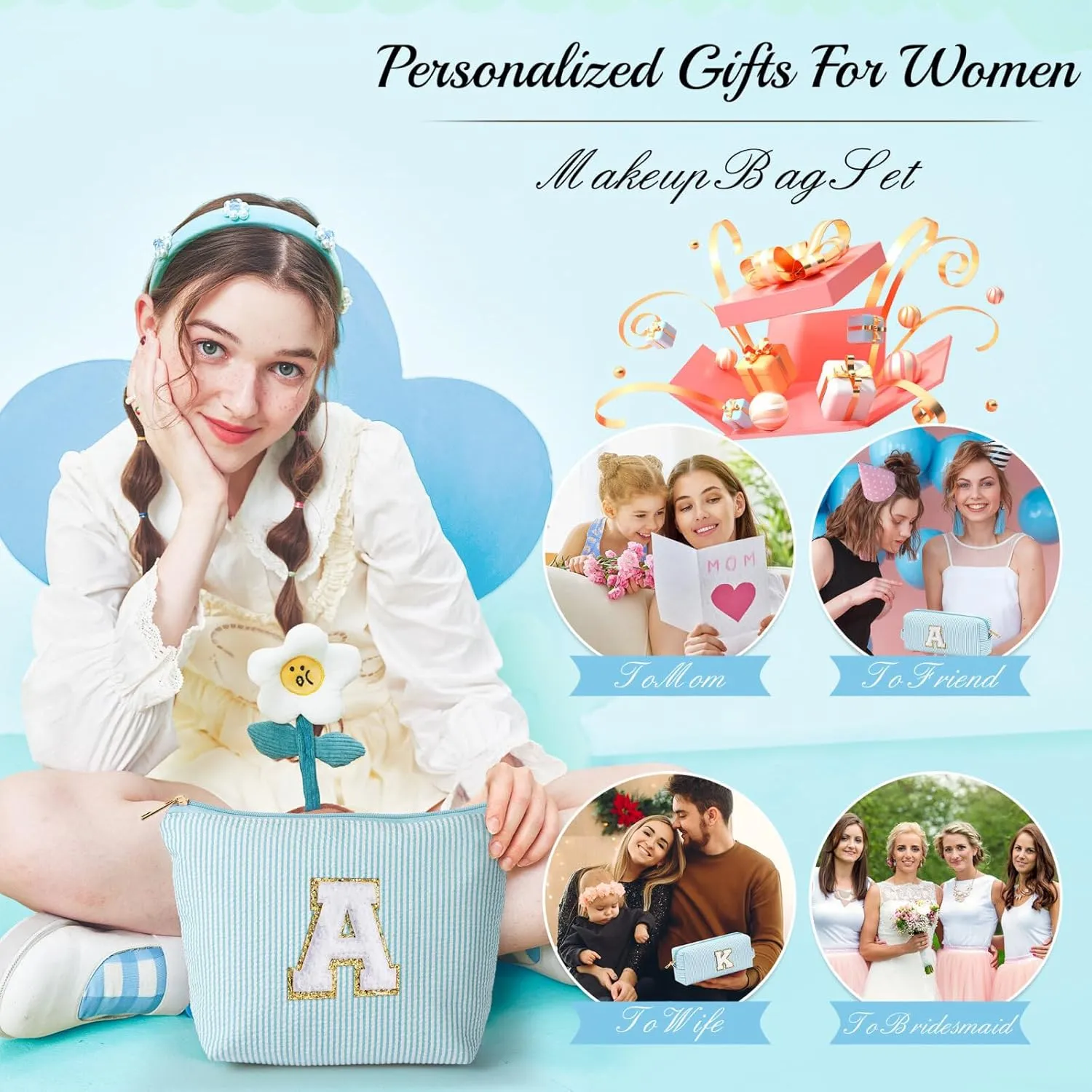YOOLIFE Initial Makeup Bag for Women - Teen Girl Gifts Trendy Stuff Monogram Cute Makeup Bags Make Up Case for Women Her Best Friend Friendship Sister Teacher, Personalized Birthday Gifts H