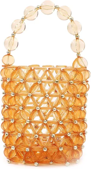 YUSHINY Women Amber Colored Transparent Acrylic Beaded Handmade Bucket Bag for Wedding Party